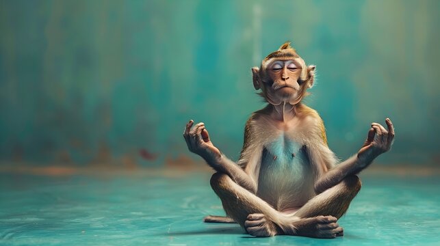 Serene Monkey in Meditative Lotus Pose on Vibrant Turquoise Background