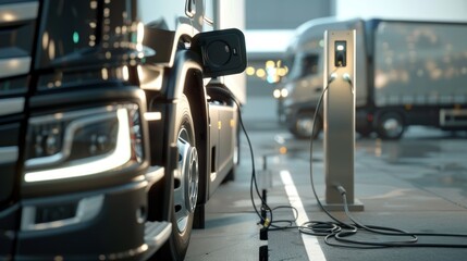 A large black truck is being charged at a charging station.