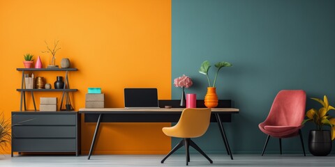 A stylish home office with a minimalist desk setup and vibrant accent colors for inspiration.
