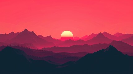 A mountain range with a red sun in the sky. - obrazy, fototapety, plakaty