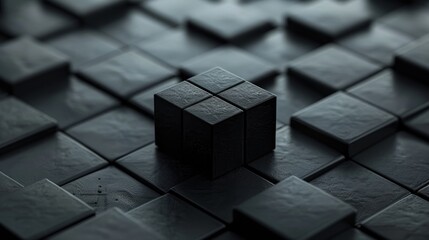 A black cube is placed on a black background. - obrazy, fototapety, plakaty