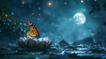 Curious Butterfly Meditating in Ethereal Lotus Cocoon under Moonlight