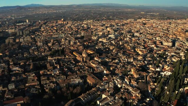 Aerial View of Granada Historic City and Alhambra, Spain. 4K Drone