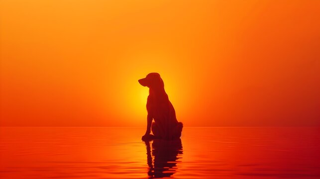 Solitary Dog Meditating in Vivid Sunset Scenery with Minimalist Backdrop