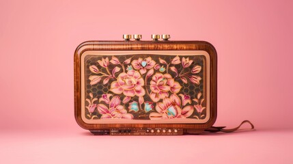 Vintage-style wireless speaker, its intricate design popping against a vivid pink canvas, echoing past eras