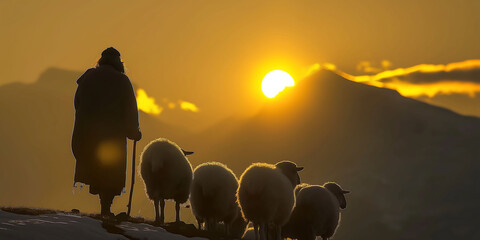shepherd leading his sheep to pasture