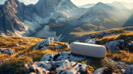 Sleek, modern portable speaker resting on a mountain trail, designed for the perfect outdoor musical day - obrazy, fototapety, plakaty