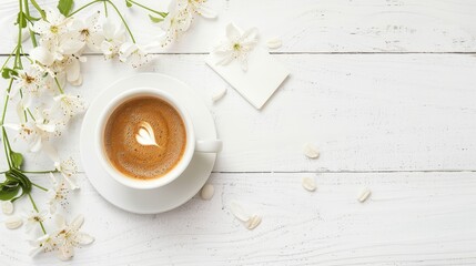Serene white wooden background enhancing the simplicity of coffee and note paper - obrazy, fototapety, plakaty