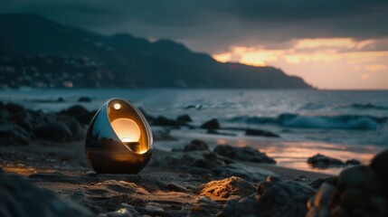 Portable speaker with a futuristic, metallic design lights up a serene seaside evening