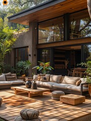 Modern Outdoor Patio with Comfortable Furniture and Wooden Deck