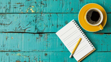 Note paper and coffee, essentials for planning, on a turquoise wooden surface