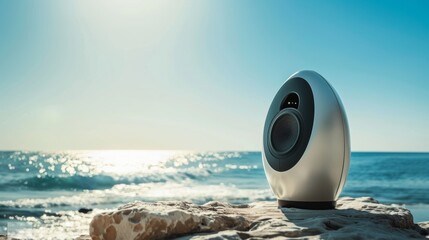 Modern portable speaker by the ocean, sleek design meeting the horizon on a bright, sunny day