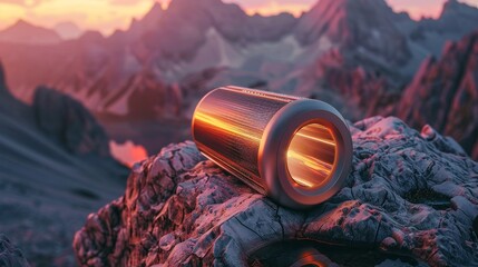 Luxurious portable speaker with a reflective surface, captured at sunset on a serene mountain evening
