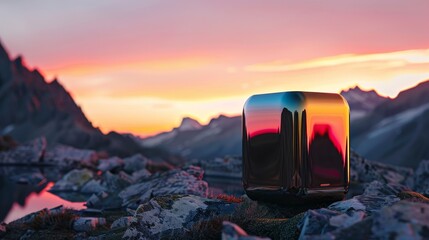 Luxurious portable speaker with a reflective surface, captured at sunset on a serene mountain evening - obrazy, fototapety, plakaty