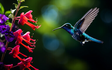 Hummingbird sucking nectar from a flower in the rainforest