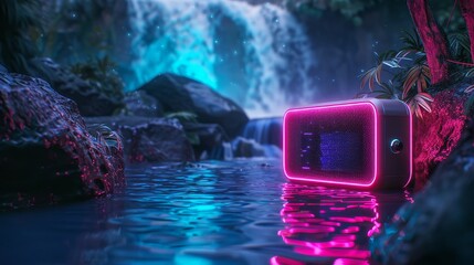 Futuristic portable speaker glowing with neon colors, enhancing a mystical night by the waterfall - obrazy, fototapety, plakaty