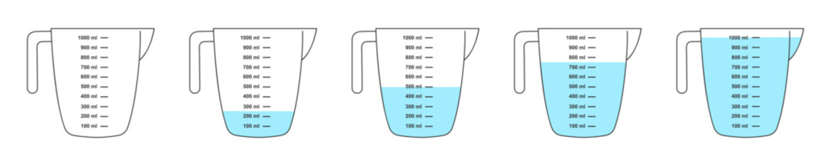 Set of empty and water filled measuring cups with 1 liter volume. Liquid containers for cooking with fluid capacity scale isolated on white background. Vector flat illustration.