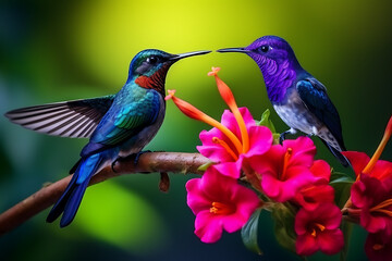 Fototapeta premium Blue-throated Hummingbird in flight with flowers in the background