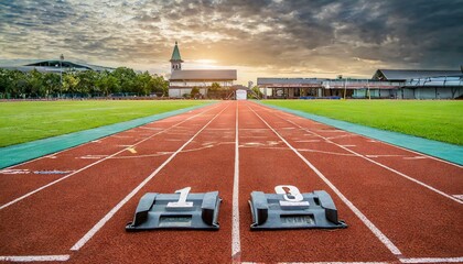 Fototapeta premium field in the stadium in the morning, track, sport, race, running, field,