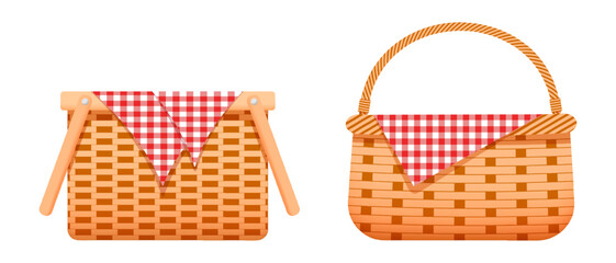 Empty wicker picnic baskets with checkered cotton or linen napkins. Handmade woven willow hampers isolated on white background. Vector cartoon illustration. - obrazy, fototapety, plakaty