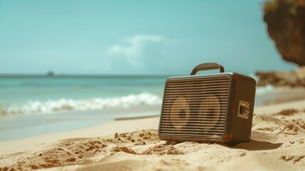 Close-up of a vintage portable speaker on a sandy beach, a nostalgic twist to a perfect beach day - obrazy, fototapety, plakaty