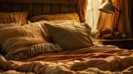 Close-up of a cozy bed, plush pillows and a soft blanket inviting night rest and relaxation - obrazy, fototapety, plakaty