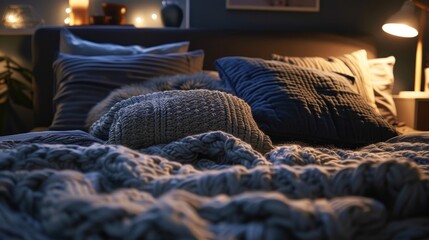 Close-up of a cozy bed, plush pillows and a soft blanket inviting night rest and relaxation - obrazy, fototapety, plakaty