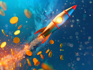 Naklejka premium A 3D rendering of a rocket ship launching from a blue background with a burst of fire and gold coins.