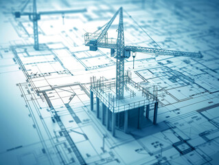 A blueprint with a 3D rendering of a building under construction. - obrazy, fototapety, plakaty