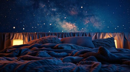 Obraz premium Bed with fluffy pillows and a warm blanket, set against a backdrop of a night sky with glowing stars