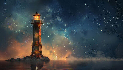 A lighthouse on a small rocky island at night. The sky is full of stars. The light from the lighthouse is shining on the water.
