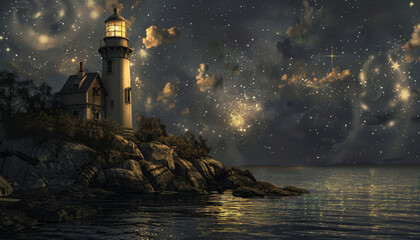 A lighthouse on a rocky coast at night. The water is calm and the sky is full of stars. - obrazy, fototapety, plakaty