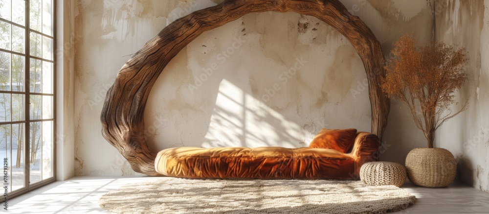 Poster the image shows a comfortable couch placed in a cozy room with natural light streaming in from a win