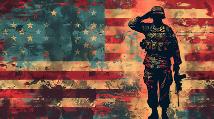 American soldier saluting with American flag in background, Generative AI - obrazy, fototapety, plakaty