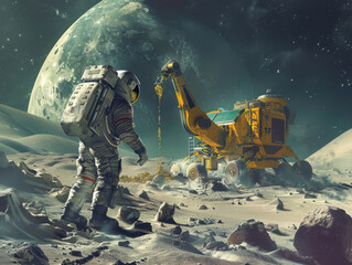 An astronaut on the moon with a giant moon rover - obrazy, fototapety, plakaty