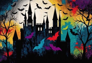 bats in different shades of midnight black, overlaid with a dark multicolored painting of a haunted castle.