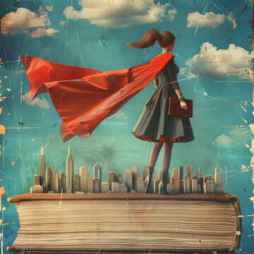 A woman standing on a book, wearing a red cape.