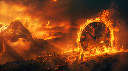 Apocalyptic Time: Fiery Clock amidst Cataclysmic Landscape, Dramatic Art Style for Book Covers and Music Album Art, Intense and Thrilling Concept, suitable for storytelling visuals and game design - obrazy, fototapety, plakaty