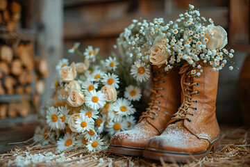 Rustic Charm: Vintage Leather Boots Filled with Fresh Daisies and Baby's Breath, Ideal for Country Style and DIY Wedding Publications