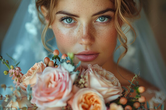 Beautiful bride with captivating blue eyes holds a bouquet of pastel flowers, showcasing a natural and elegant bridal look, ideal for wedding beauty and fashion editorials