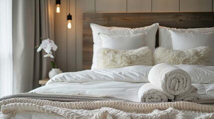 A cozy double bed dressed with fluffy white pillows and a soft blanket, embodying relaxation
