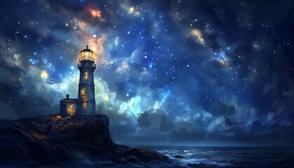 lighthouse at night with bright stars in the sky
