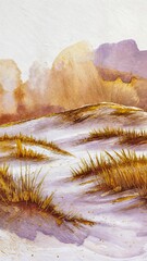 A painting featuring a snowy landscape with towering mountains in the background under a cloudy sky