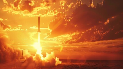 A breathtaking sunset scene featuring a missile launch, a vivid portrayal of power and deterrence - obrazy, fototapety, plakaty