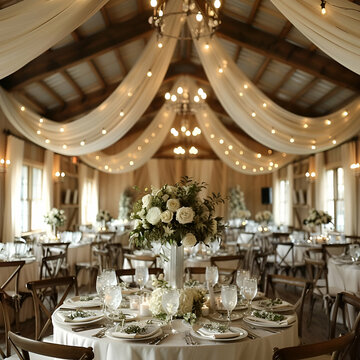 Sophisticated wedding venue interior with draped ceiling and floral centerpieces, elegant table settings for a grand reception. Ideal for bridal magazines and event planning guides