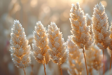 Naklejka premium Wheat Ears in Sunset Light, Harvest Glow and Agricultural Beauty Style, End of Day Serenity Concept, perfect for natural and agricultural publications