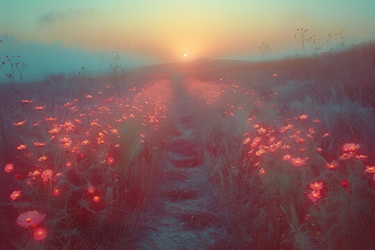 Rural path through a field of glowing flowers at sunrise, Dawn's First Light and Floral Pathway Style, New Day Journey Concept, ideal for inspirational messaging and nature photography