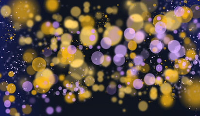 Fototapeta na wymiar festive abstract effect of golden bokeh on transparent background, festive decoration postcard, poster, greeting. Black. yellow, violet colors 
