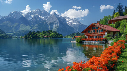 Naklejka premium Idyllic lakeside house with orange flowers, Swiss Alps Charm Style, Lakeshore Serenity Concept, Perfect for Travel and Real Estate Brochures, copy space