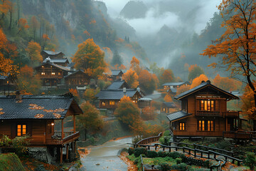 Traditional Japanese houses amidst autumn colors, Cultural Heritage Style, Tranquil Village Life Concept, Perfect for Travel Guides and Cultural Education, copy space